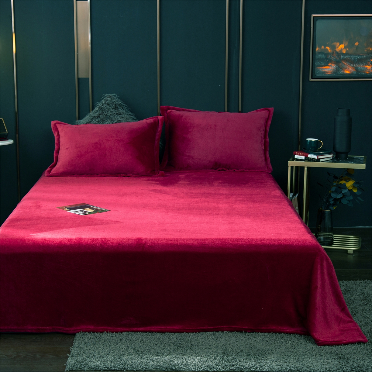 91家纺网 家纺一手货源 找家纺 兰紫橙家纺 2025新款双面绒纯色双拼牛奶绒四件套 酒红