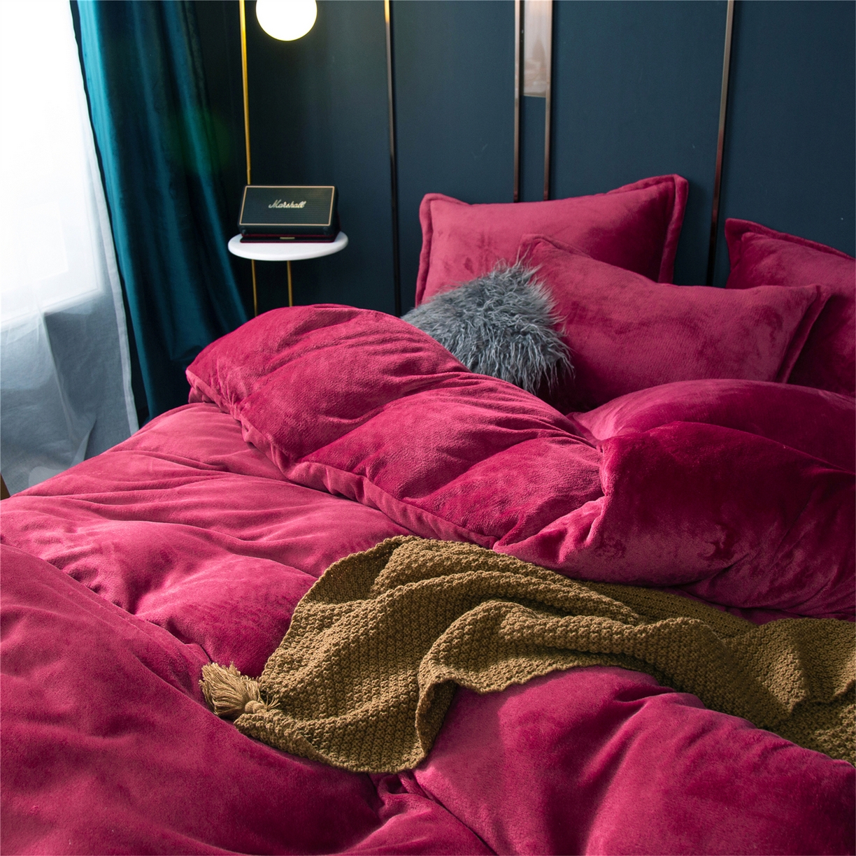 91家纺网 家纺一手货源 找家纺 兰紫橙家纺 2025新款双面绒纯色双拼牛奶绒四件套 酒红