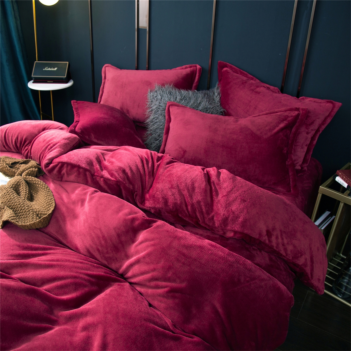 91家纺网 家纺一手货源 找家纺 兰紫橙家纺 2025新款双面绒纯色双拼牛奶绒四件套 酒红