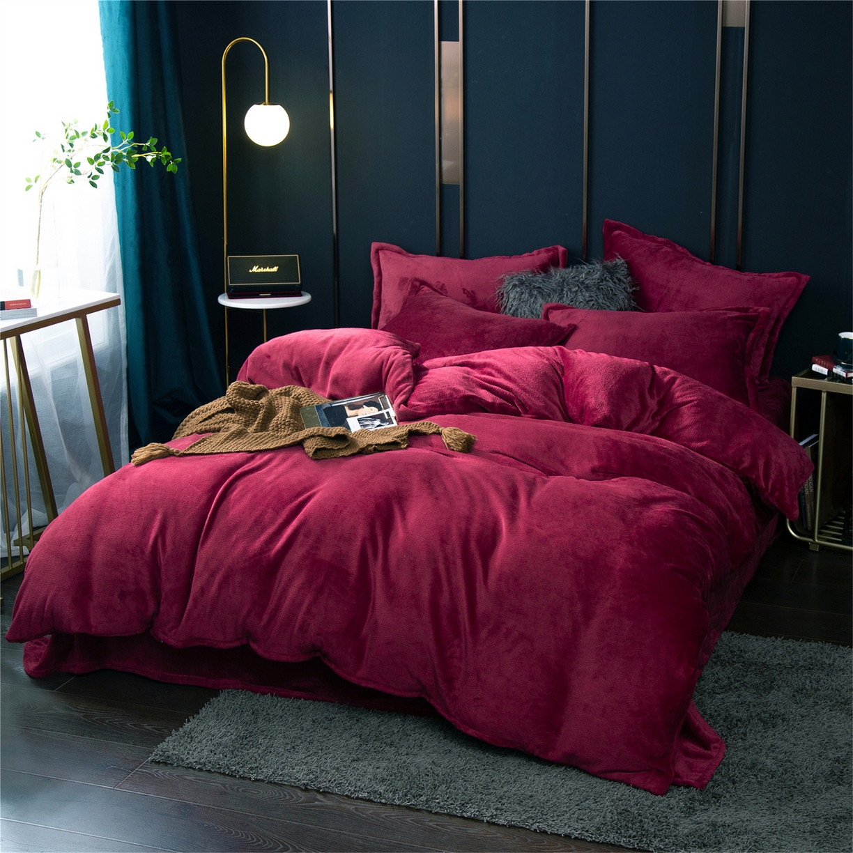 91家纺网 家纺一手货源 找家纺 兰紫橙家纺 2025新款双面绒纯色双拼牛奶绒四件套 酒红