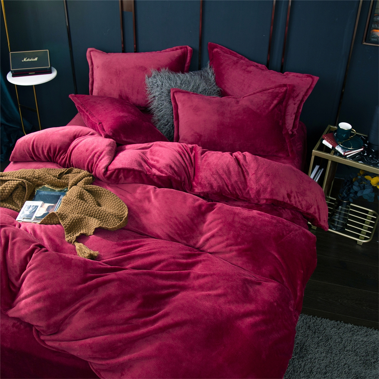 91家纺网 家纺一手货源 找家纺 兰紫橙家纺 2025新款双面绒纯色双拼牛奶绒四件套 酒红