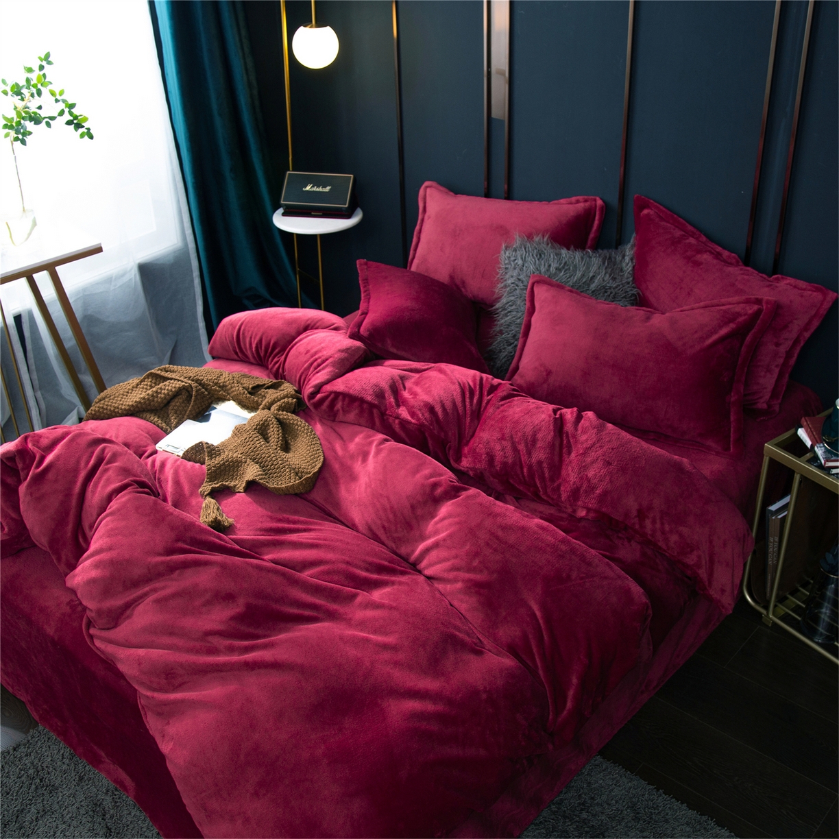 91家纺网 家纺一手货源 找家纺 兰紫橙家纺 2025新款双面绒纯色双拼牛奶绒四件套 酒红