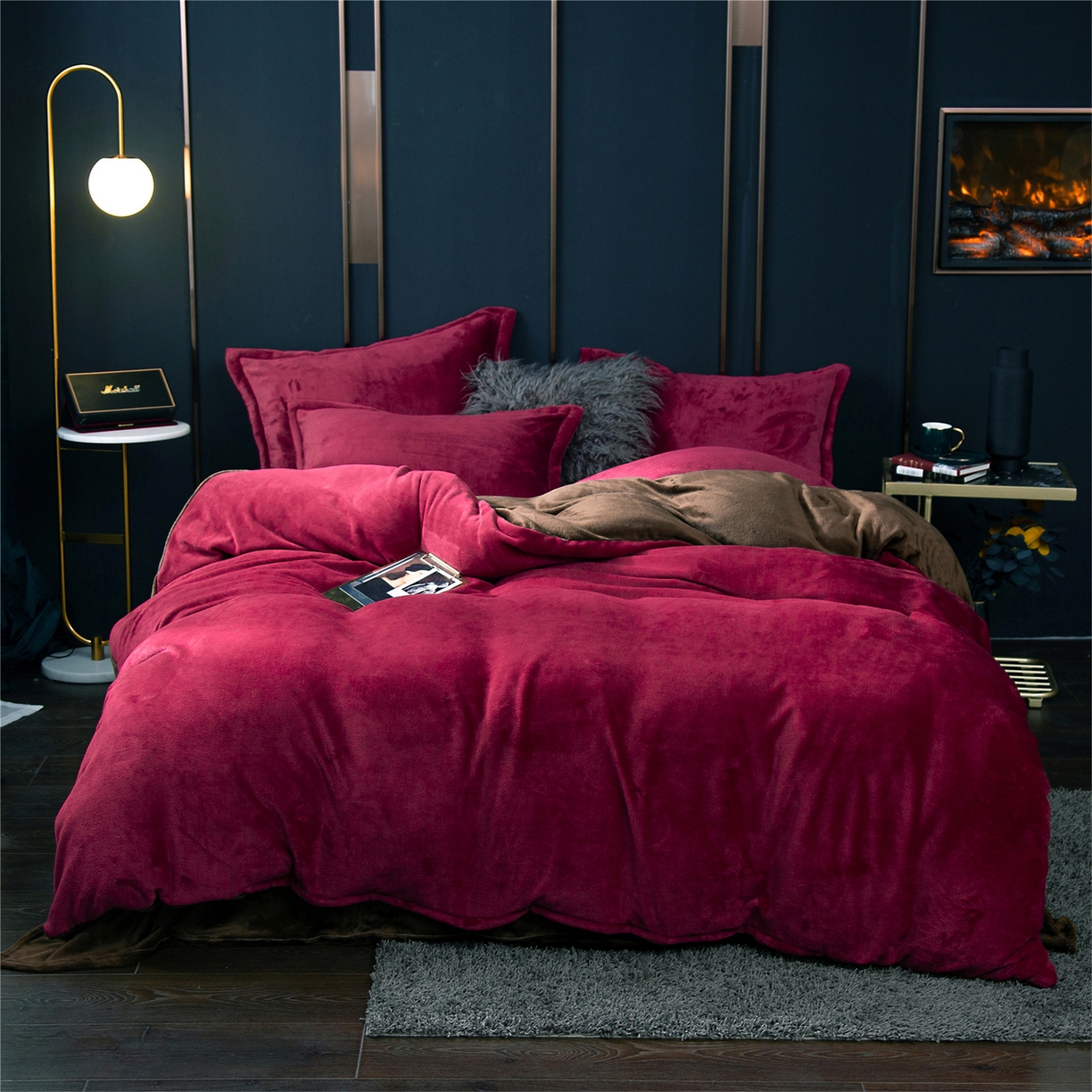 91家纺网 家纺一手货源 找家纺 兰紫橙家纺 2025新款双面绒纯色双拼牛奶绒四件套 酒红+咖啡