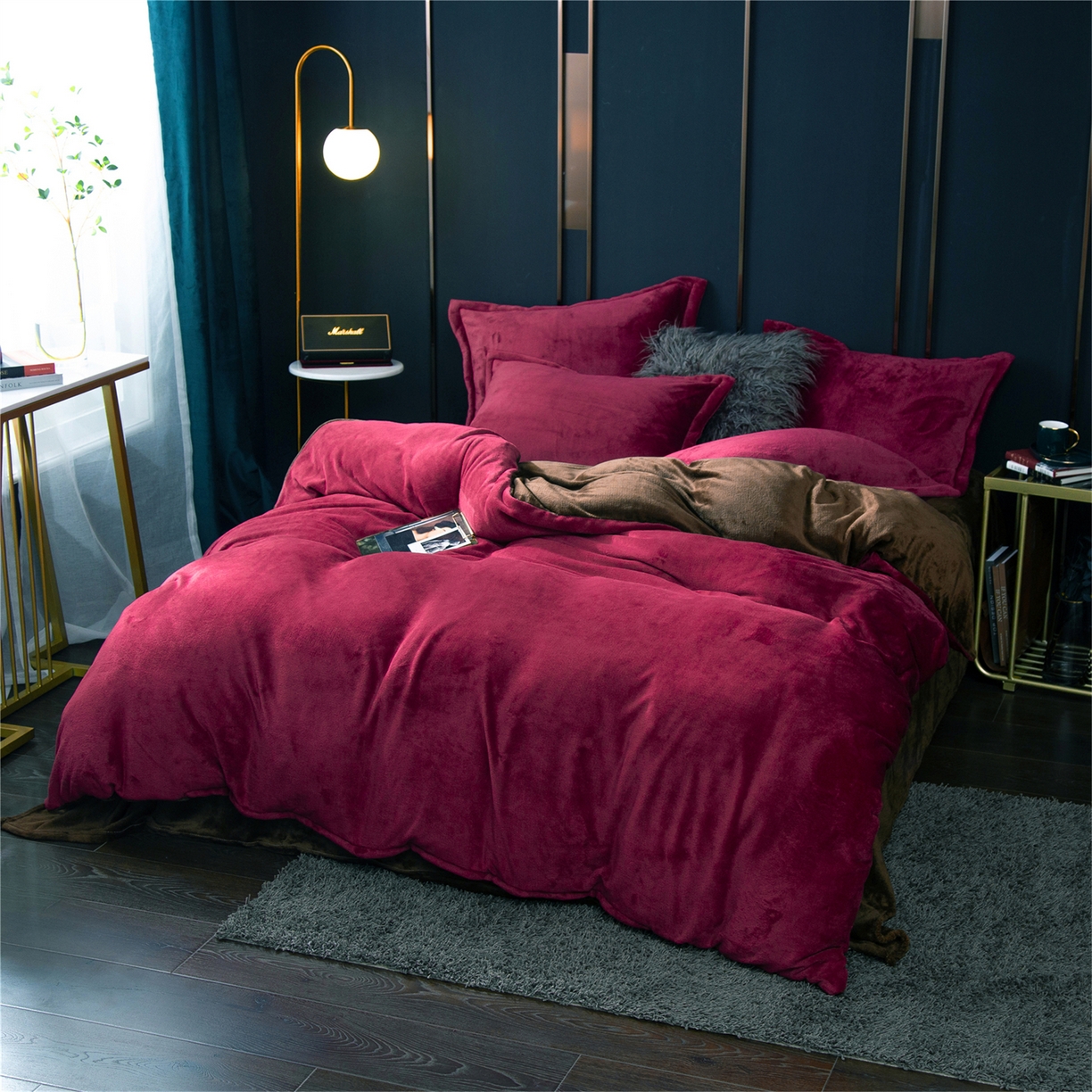 91家纺网 家纺一手货源 找家纺 兰紫橙家纺 2025新款双面绒纯色双拼牛奶绒四件套 酒红+咖啡