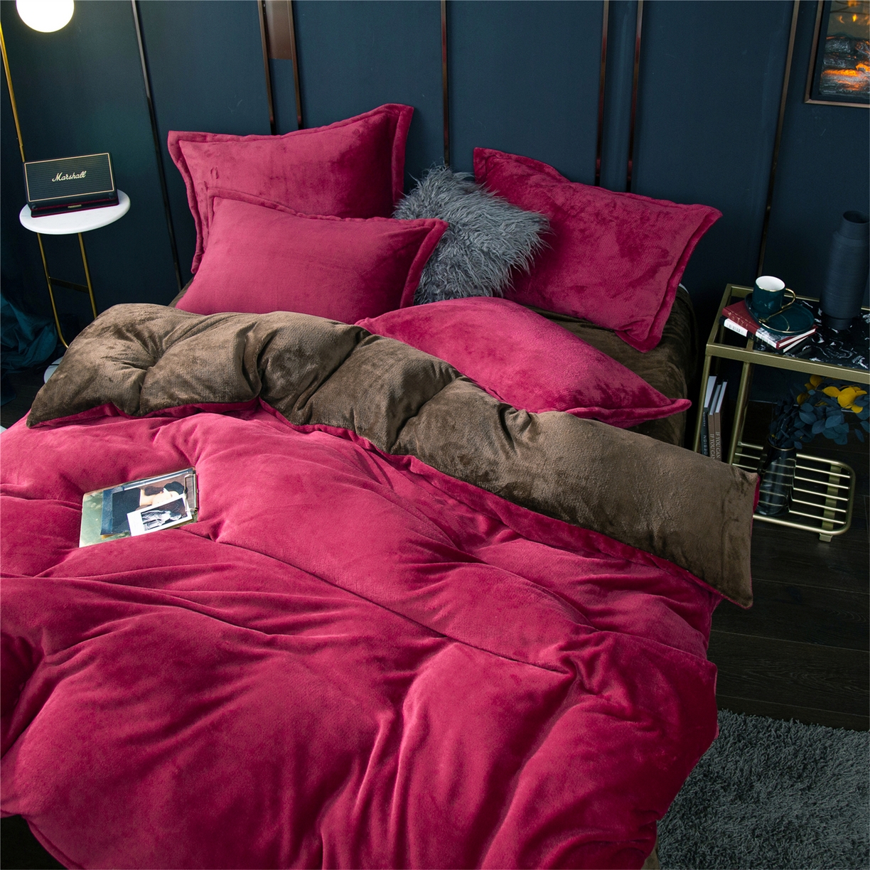 91家纺网 家纺一手货源 找家纺 兰紫橙家纺 2025新款双面绒纯色双拼牛奶绒四件套 酒红+咖啡
