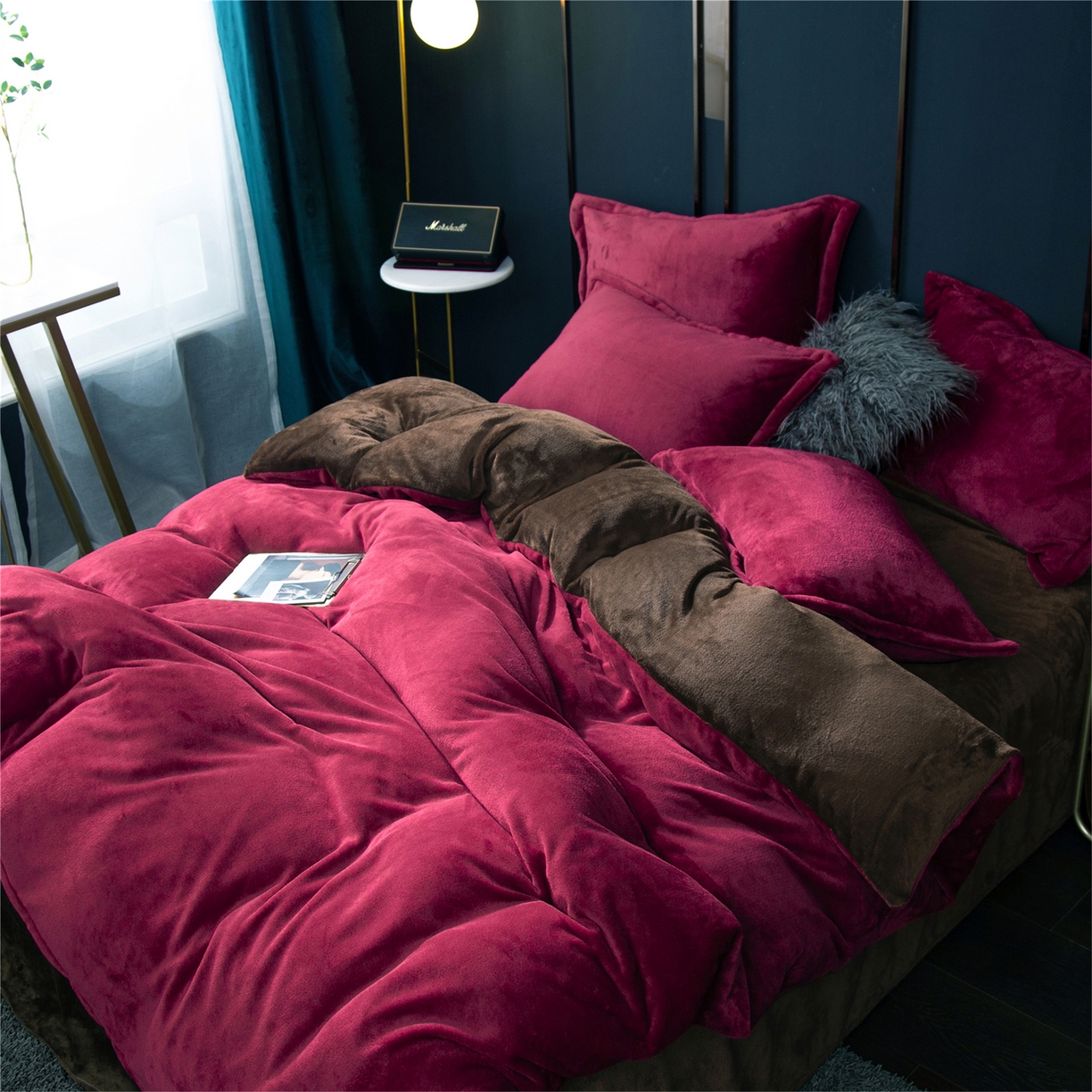 91家纺网 家纺一手货源 找家纺 兰紫橙家纺 2025新款双面绒纯色双拼牛奶绒四件套 酒红+咖啡