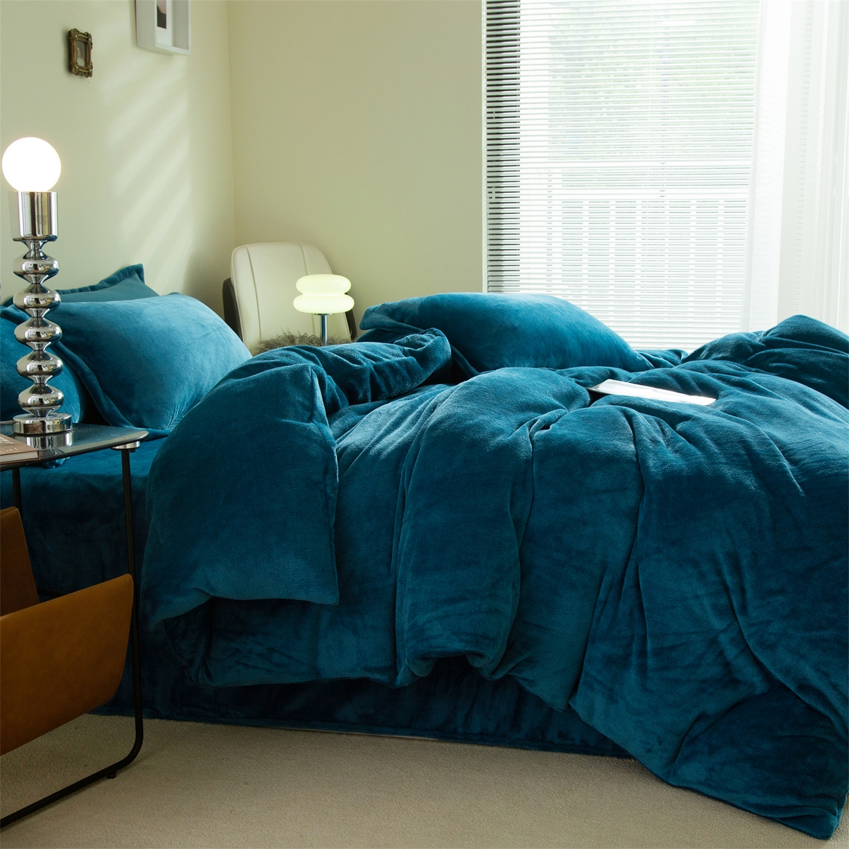 兰紫橙家纺 2025新款双面绒纯色双拼牛奶绒四件套 孔雀蓝