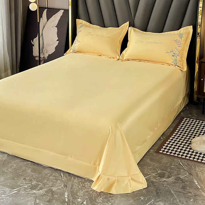 91家纺网 家纺一手货源 找家纺 梵克保罗 2025春夏新品高克重天丝棉刺绣凉感四件套直播清仓 华尔兹-柠檬黄