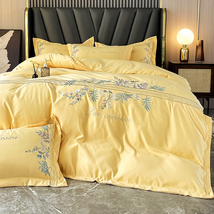 91家纺网 家纺一手货源 找家纺 梵克保罗 2025春夏新品高克重天丝棉刺绣凉感四件套直播清仓 华尔兹-柠檬黄