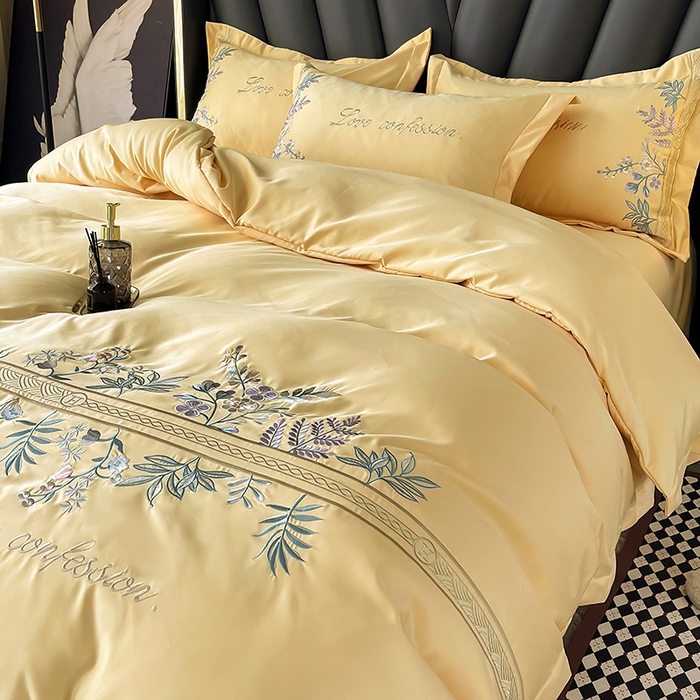 91家纺网 家纺一手货源 找家纺 梵克保罗 2025春夏新品高克重天丝棉刺绣凉感四件套直播清仓 华尔兹-柠檬黄