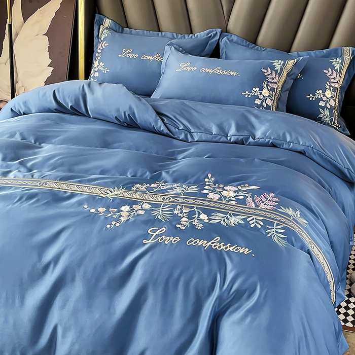 91家纺网 家纺一手货源 找家纺 梵克保罗 2025春夏新品高克重天丝棉刺绣凉感四件套直播清仓 华尔兹-钻石蓝