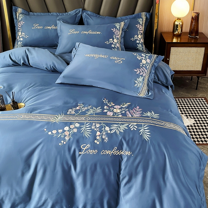 91家纺网 家纺一手货源 找家纺 梵克保罗 2025春夏新品高克重天丝棉刺绣凉感四件套直播清仓 华尔兹-钻石蓝