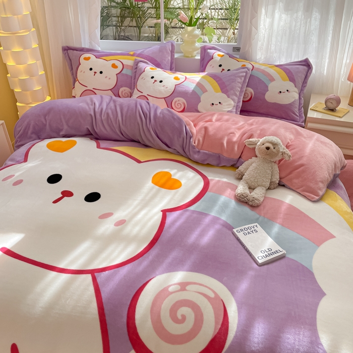 91家纺网 家纺一手货源 找家纺 喜梦缘 2025年新款大版小版卡通牛奶绒四件套 彩虹熊