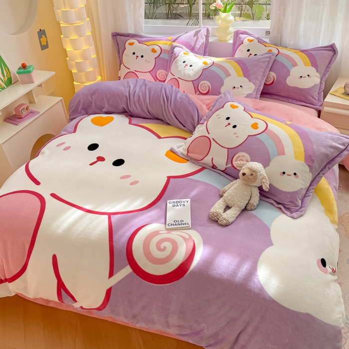 91家纺网 家纺一手货源 找家纺 喜梦缘 2025年新款大版小版卡通牛奶绒四件套 彩虹熊