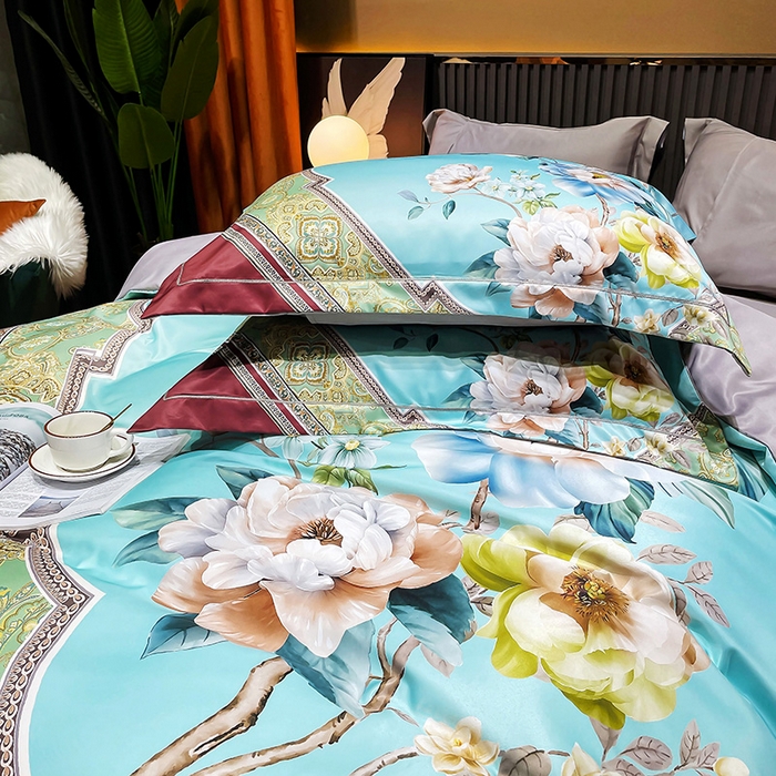 91家纺网 家纺一手货源 找家纺 梵克保罗 2025春夏新品水洗仿天丝数码凉感丝四件套 花香琉璃-红