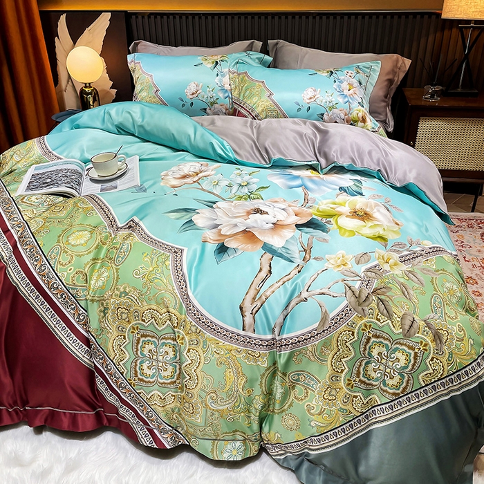 91家纺网 家纺一手货源 找家纺 梵克保罗 2025春夏新品水洗仿天丝数码凉感丝四件套 花香琉璃-红