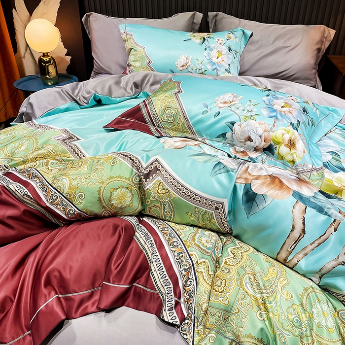 91家纺网 家纺一手货源 找家纺 梵克保罗 2025春夏新品水洗仿天丝数码凉感丝四件套 花香琉璃-红