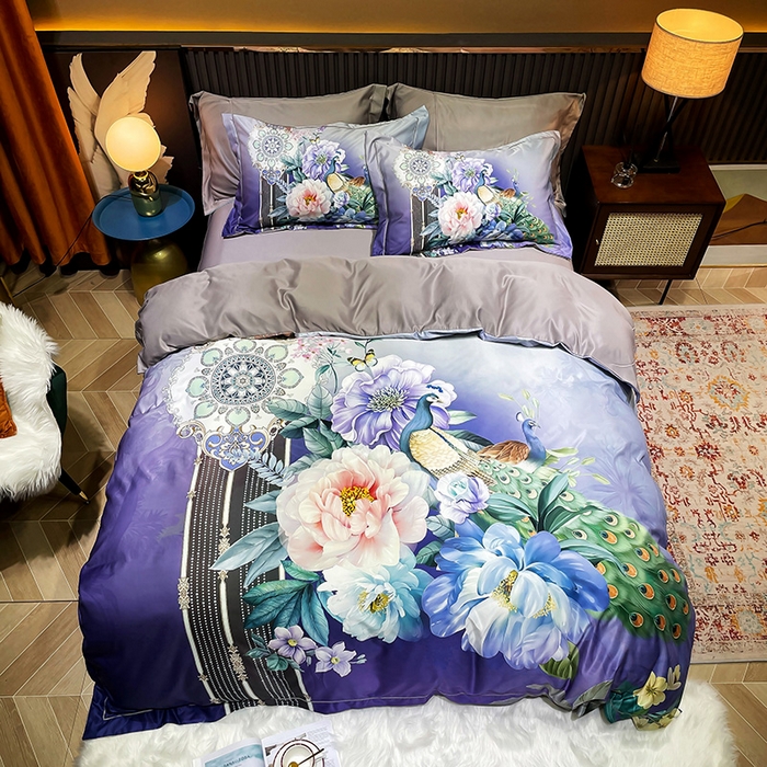 91家纺网 家纺一手货源 找家纺 梵克保罗 2025春夏新品水洗仿天丝数码凉感丝四件套 华尔兹-紫