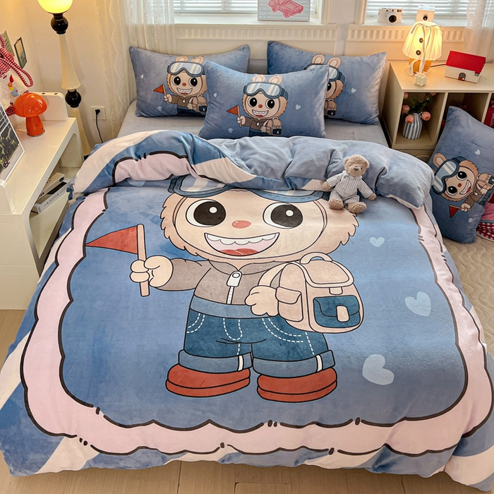 91家纺网 家纺一手货源 找家纺 喜梦缘 2025年新款大版小版卡通牛奶绒四件套 潮兔