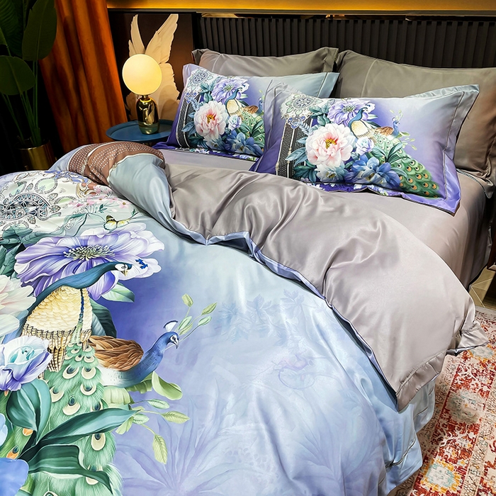 91家纺网 家纺一手货源 找家纺 梵克保罗 2025春夏新品水洗仿天丝数码凉感丝四件套 华尔兹-紫