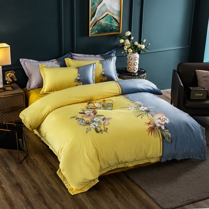 91家纺网 家纺一手货源 找家纺 梵克保罗 2025春夏新品水洗仿天丝数码凉感丝四件套 米莱-黄