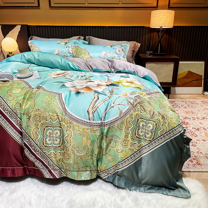 91家纺网 家纺一手货源 找家纺 梵克保罗 2025春夏新品水洗仿天丝数码凉感丝四件套 花香琉璃-红