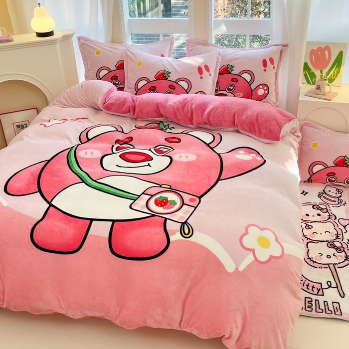 91家纺网 家纺一手货源 找家纺 喜梦缘 2025年新款大版小版卡通牛奶绒四件套 蛋仔