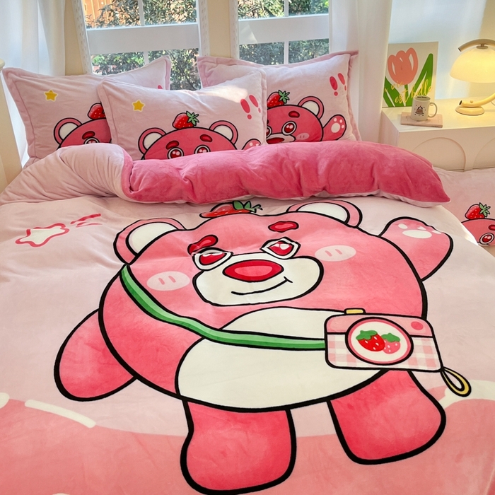 91家纺网 家纺一手货源 找家纺 喜梦缘 2025年新款大版小版卡通牛奶绒四件套 蛋仔