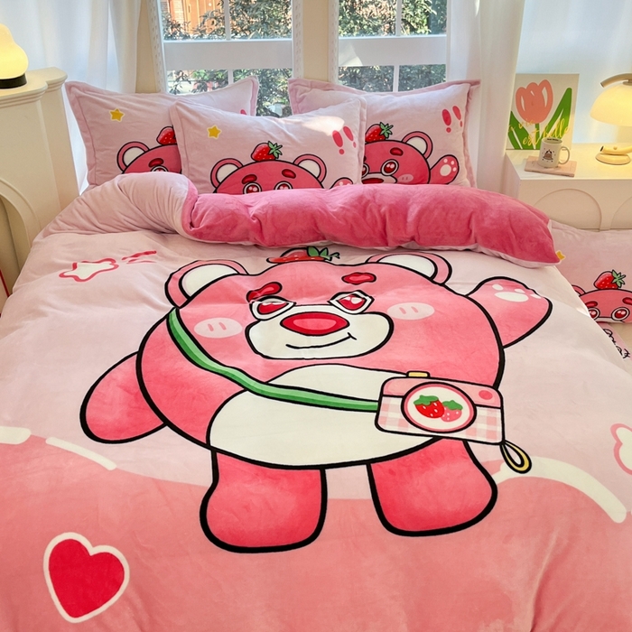 91家纺网 家纺一手货源 找家纺 喜梦缘 2025年新款大版小版卡通牛奶绒四件套 蛋仔