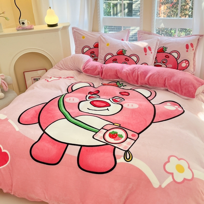 91家纺网 家纺一手货源 找家纺 喜梦缘 2025年新款大版小版卡通牛奶绒四件套 蛋仔