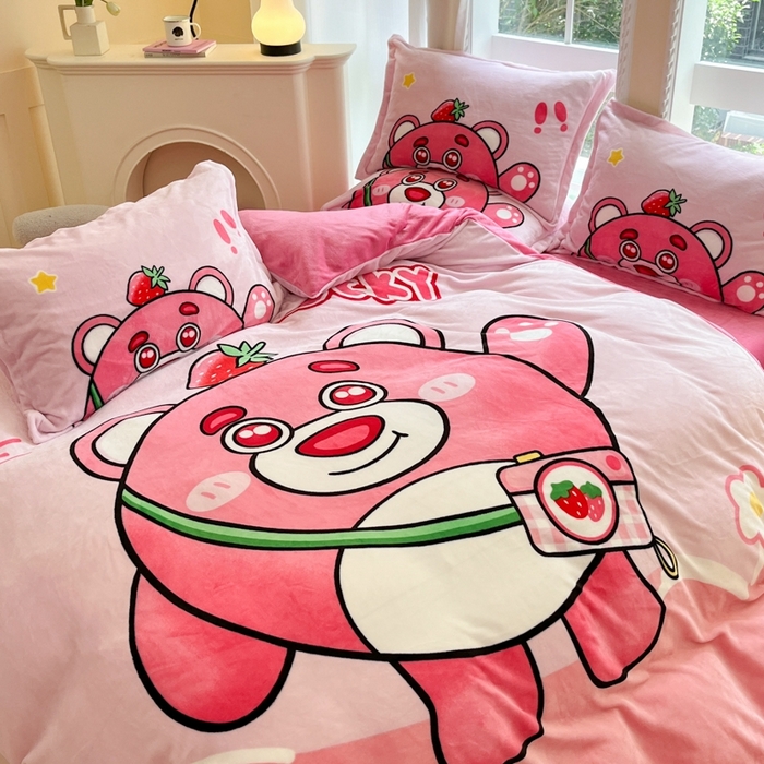 91家纺网 家纺一手货源 找家纺 喜梦缘 2025年新款大版小版卡通牛奶绒四件套 蛋仔