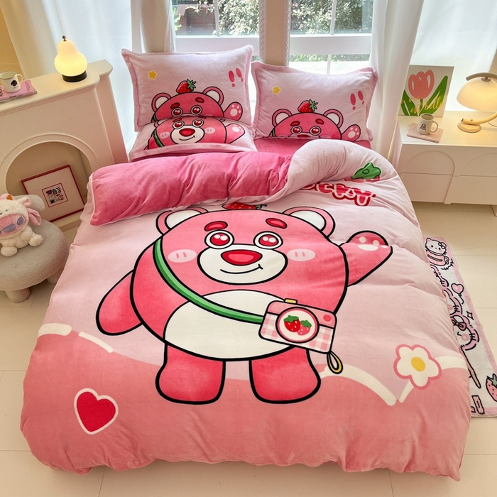 91家纺网 家纺一手货源 找家纺 喜梦缘 2025年新款大版小版卡通牛奶绒四件套 蛋仔