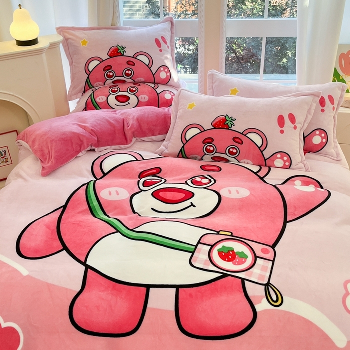 91家纺网 家纺一手货源 找家纺 喜梦缘 2025年新款大版小版卡通牛奶绒四件套 蛋仔