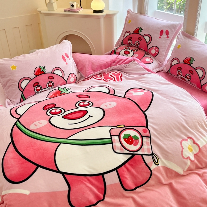 91家纺网 家纺一手货源 找家纺 喜梦缘 2025年新款大版小版卡通牛奶绒四件套 蛋仔