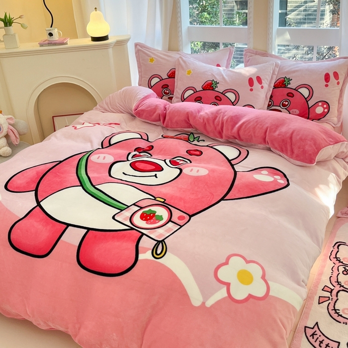 91家纺网 家纺一手货源 找家纺 喜梦缘 2025年新款大版小版卡通牛奶绒四件套 蛋仔