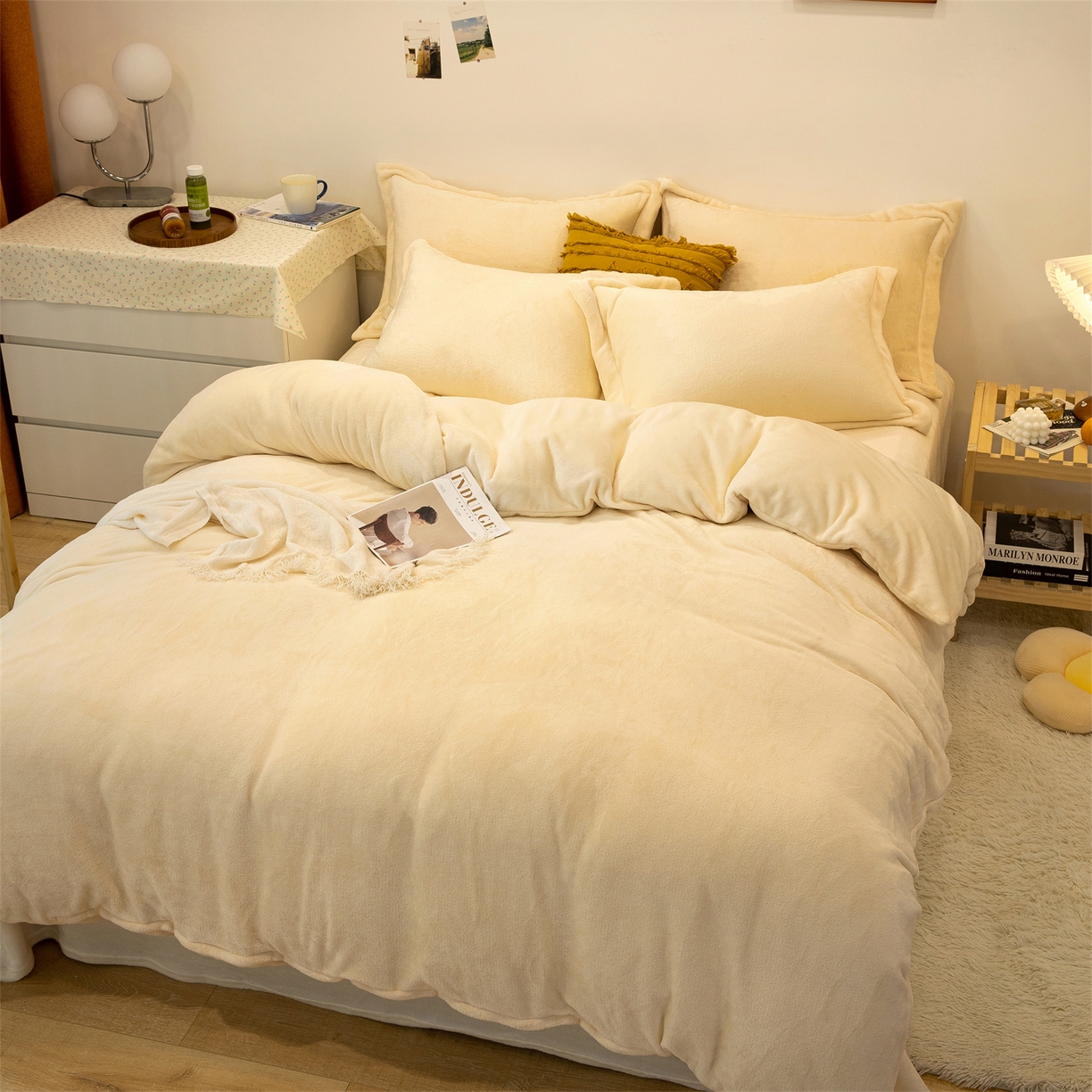 91家纺网 家纺一手货源 找家纺 兰紫橙家纺 2025新款双面绒纯色双拼牛奶绒四件套 米白