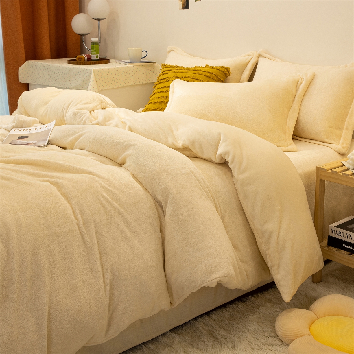 91家纺网 家纺一手货源 找家纺 兰紫橙家纺 2025新款双面绒纯色双拼牛奶绒四件套 米白