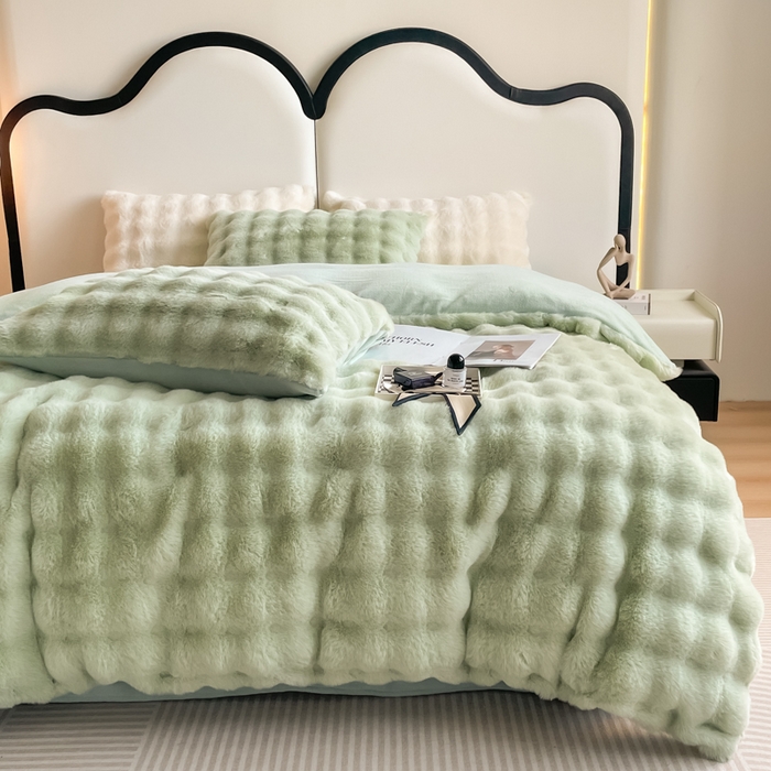 91家纺网 家纺一手货源 找家纺 大元 2025新款A类280g大泡泡兔毛绒多功能被套毯 抹茶绿