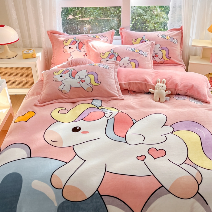 91家纺网 家纺一手货源 找家纺 喜梦缘 2025年新款大版小版卡通牛奶绒四件套 独角兽