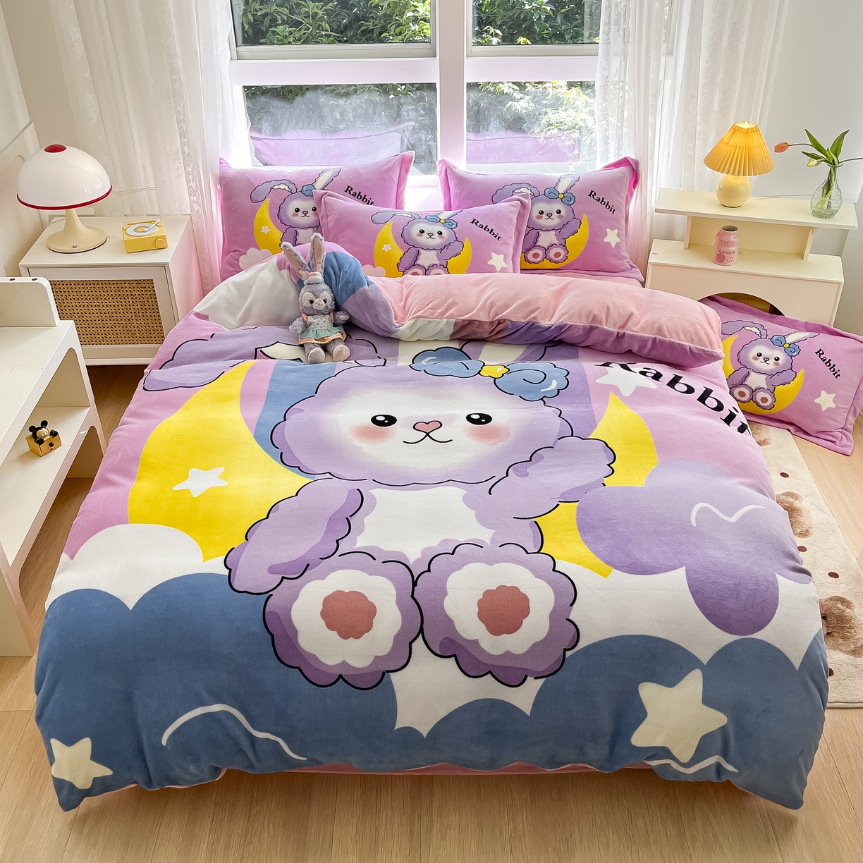 91家纺网 家纺一手货源 找家纺 喜梦缘 2025年新款大版小版卡通牛奶绒四件套 公主兔