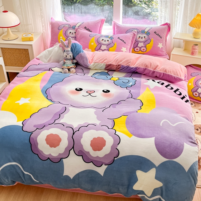 91家纺网 家纺一手货源 找家纺 喜梦缘 2025年新款大版小版卡通牛奶绒四件套 公主兔