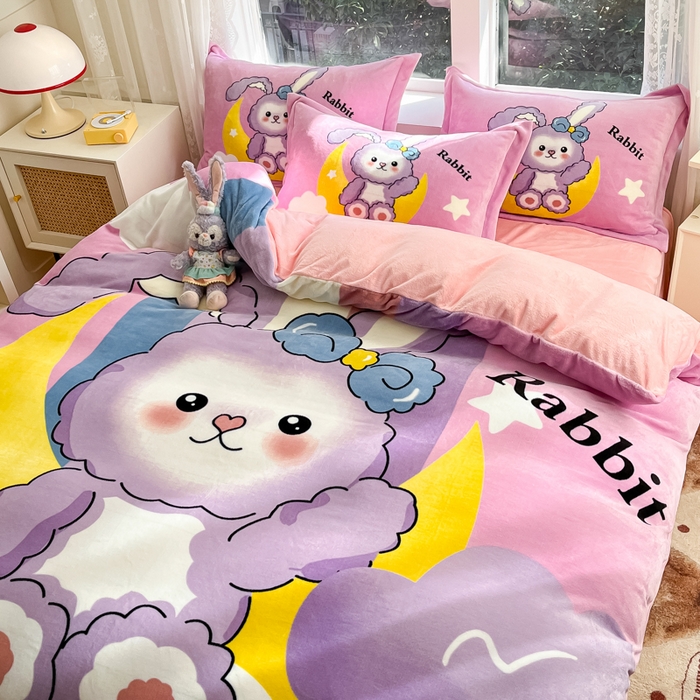 91家纺网 家纺一手货源 找家纺 喜梦缘 2025年新款大版小版卡通牛奶绒四件套 公主兔