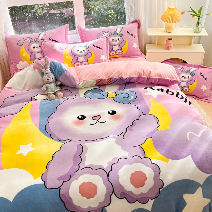 91家纺网 家纺一手货源 找家纺 喜梦缘 2025年新款大版小版卡通牛奶绒四件套 公主兔