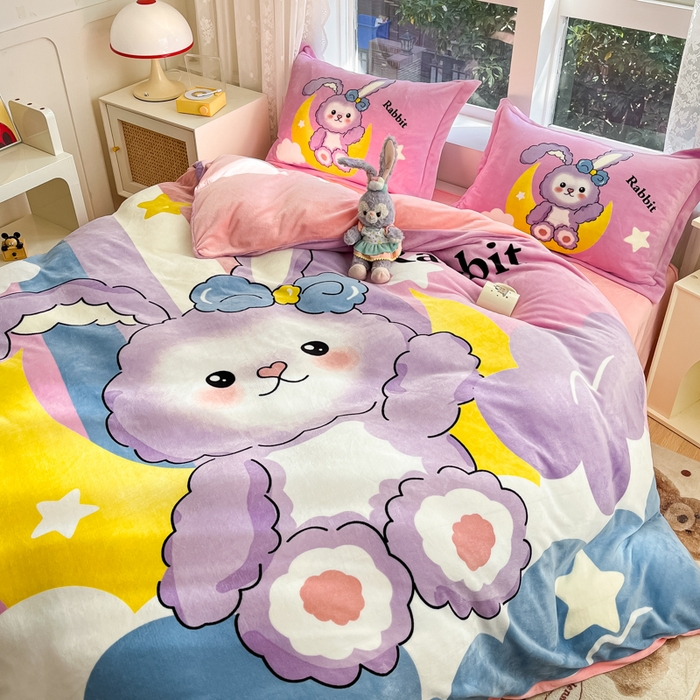 91家纺网 家纺一手货源 找家纺 喜梦缘 2025年新款大版小版卡通牛奶绒四件套 公主兔