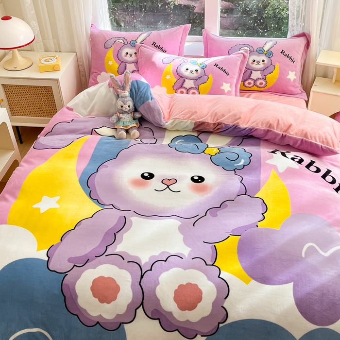 91家纺网 家纺一手货源 找家纺 喜梦缘 2025年新款大版小版卡通牛奶绒四件套 公主兔