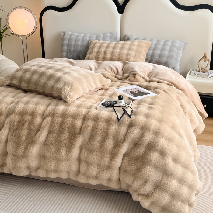 91家纺网 家纺一手货源 找家纺 大元 2025新款A类280g大泡泡兔毛绒多功能被套毯 奶茶色