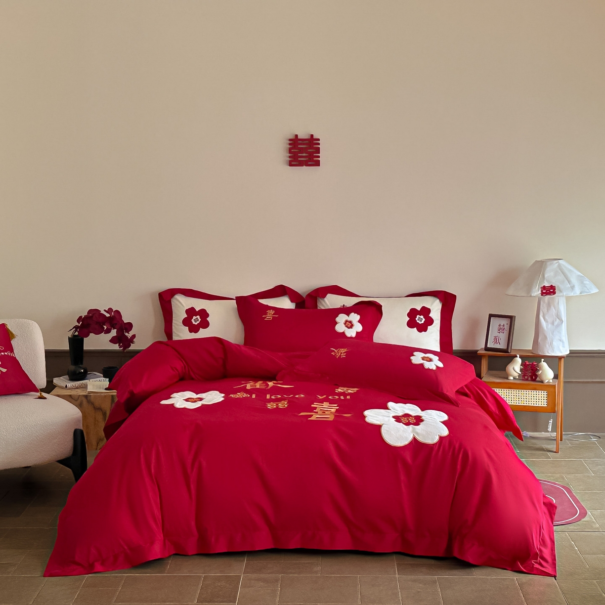梵克保罗 2025新款水洗棉柔软舒适亲肤棉贴布绣刺绣婚庆四件套 欢喜红