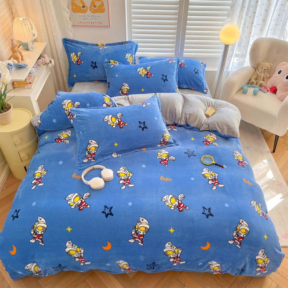 91家纺网 家纺一手货源 找家纺 名兮家居 2025新款经典奥特曼-三丽鸥高克重牛奶绒四件套 艾斯