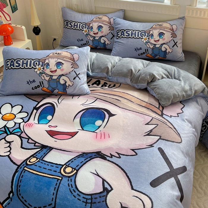 91家纺网 家纺一手货源 找家纺 喜梦缘 2025年新款大版小版卡通牛奶绒四件套 酷宝