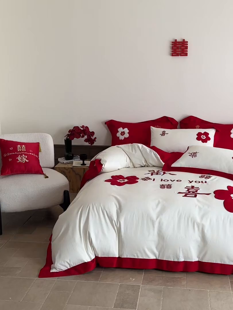 91家纺网 家纺一手货源 找家纺 （总）梵克保罗 2025新款水洗棉柔软舒适亲肤棉贴布绣刺绣婚庆四件套